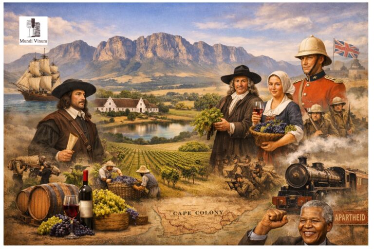 Collage van Zuid-Afrikaanse wijnbouwgeschiedenis met Jan van Riebeeck, Simon van der Stel, Franse hugenoten, Britse overheersing, Boerenoorlog en Nelson Mandela.